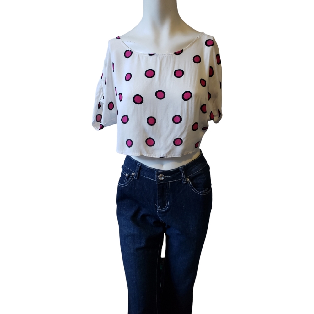 Citizen Vintage medium polka dot white pink scoop neck cropped blouse